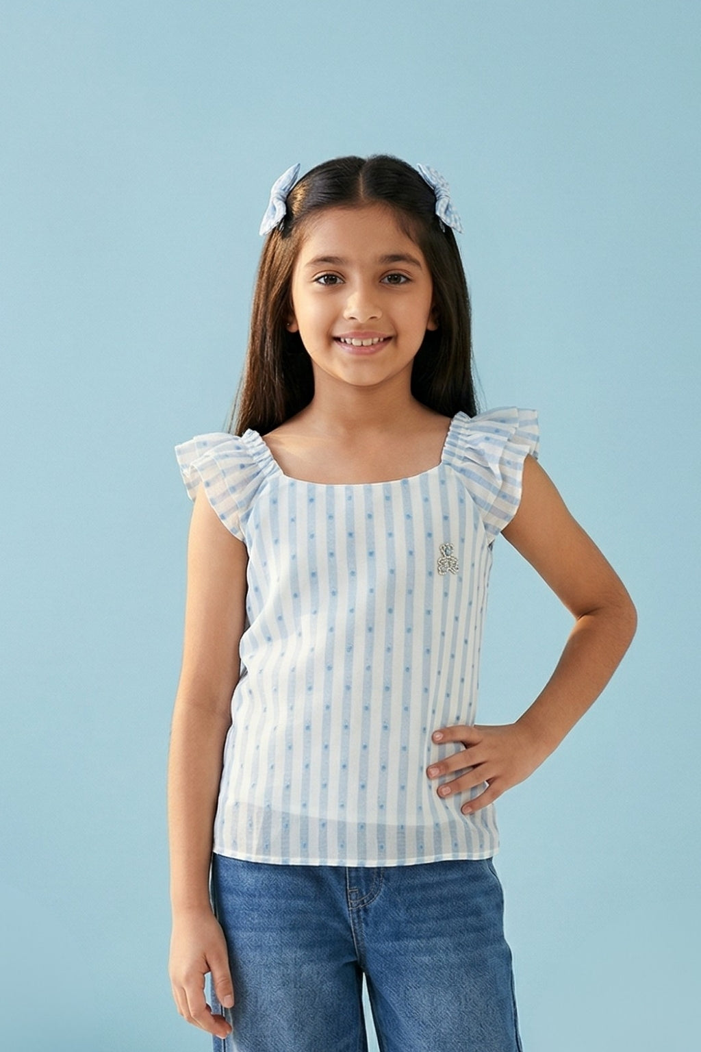 Blue Stripe Ruffle Sleeve Top TG5088