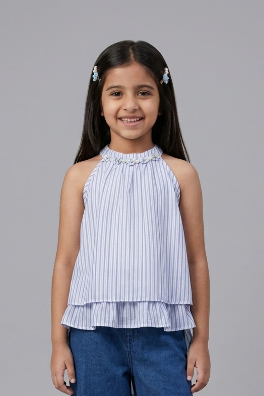 Blue Stripe Halter Neck Layered Top TG6000