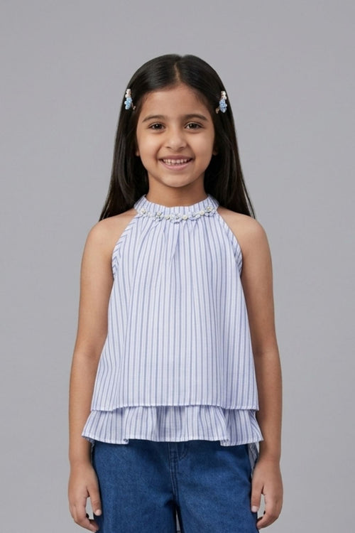 Blue Stripe Halter Neck Layered Top TG6000