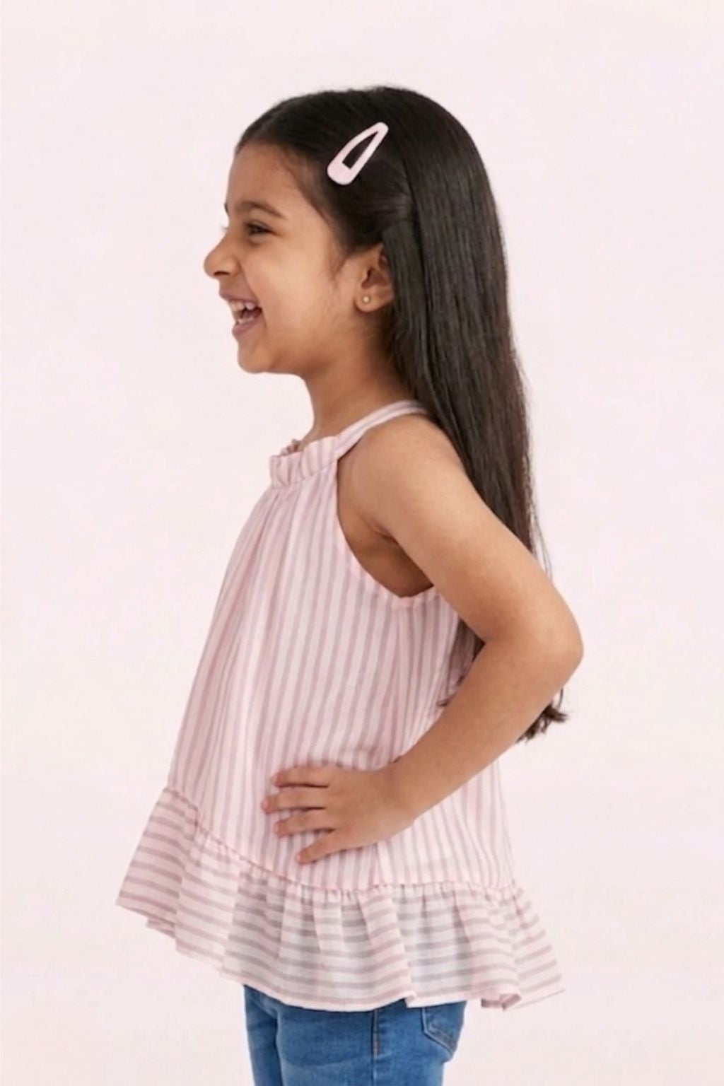 Onion Pink Stripe Halter Neck Ruffle Dress TG6000