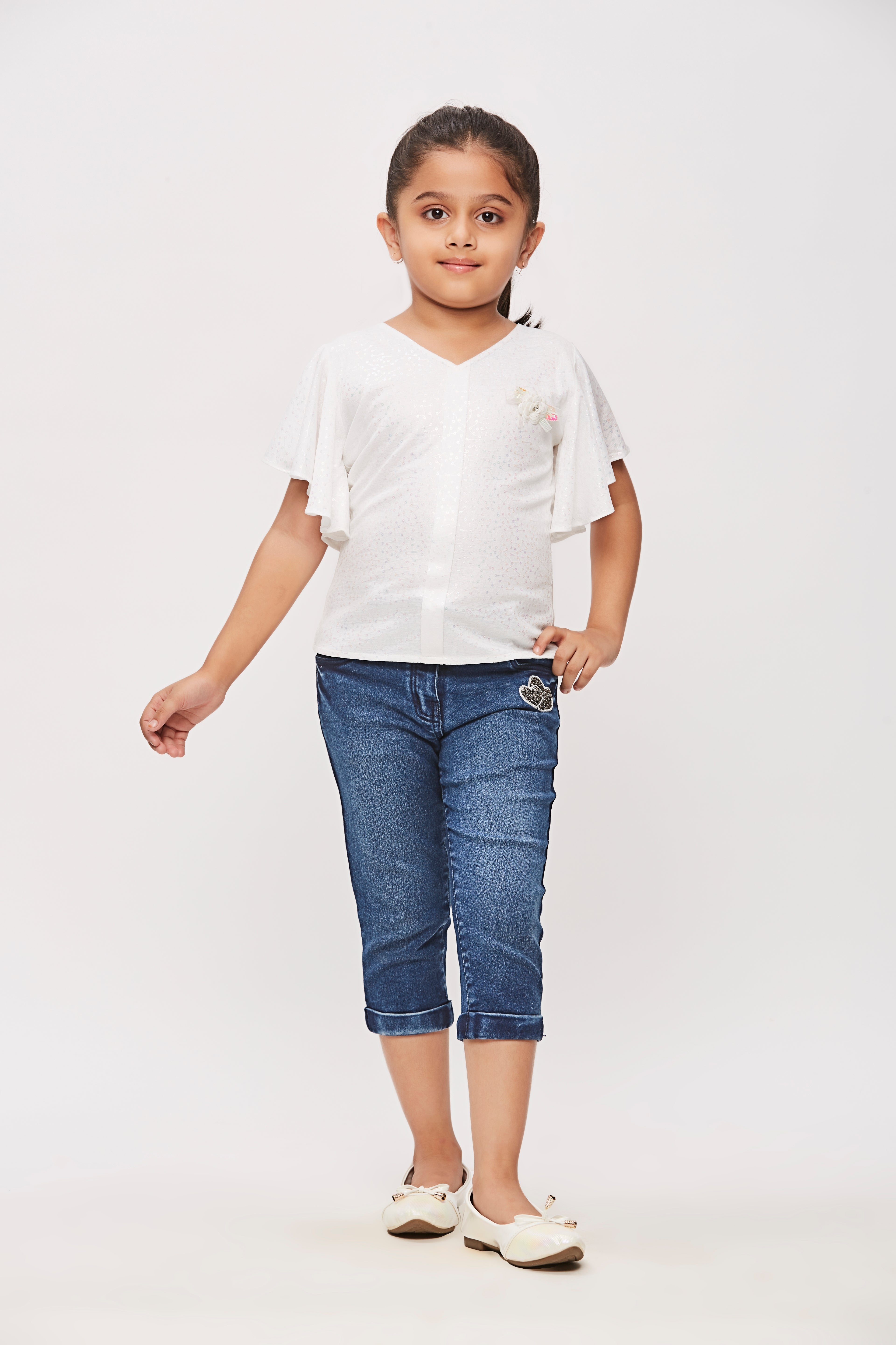 Off White Flutter Sleeve V-Neck Textured Top TG6005