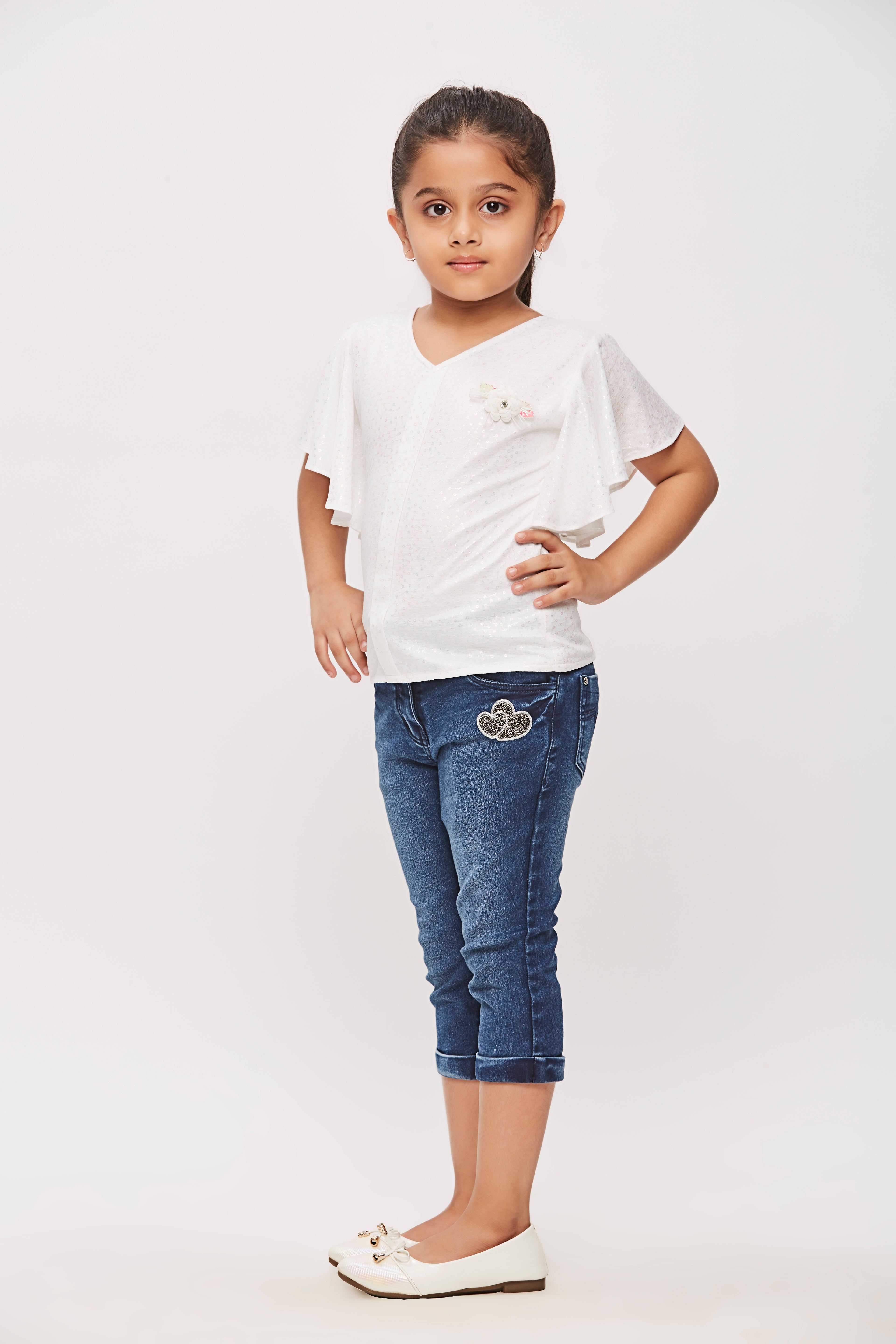 Off White Flutter Sleeve V-Neck Textured Top TG6005