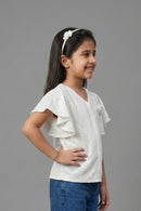 Off White Flutter Sleeve V-Neck Textured Top TG6005