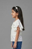 Off White Flutter Sleeve V-Neck Textured Top TG6005