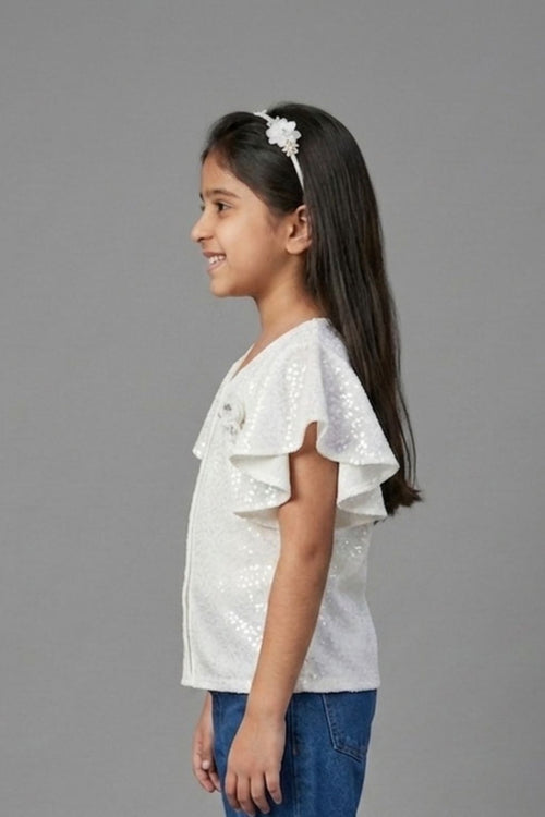 Off White Flutter Sleeve V-Neck Textured Top TG6005