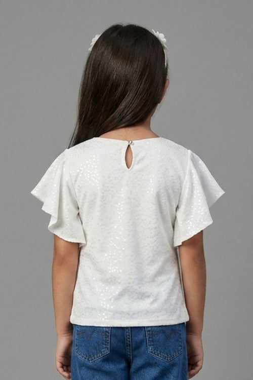 Off White Flutter Sleeve V-Neck Textured Top TG6005