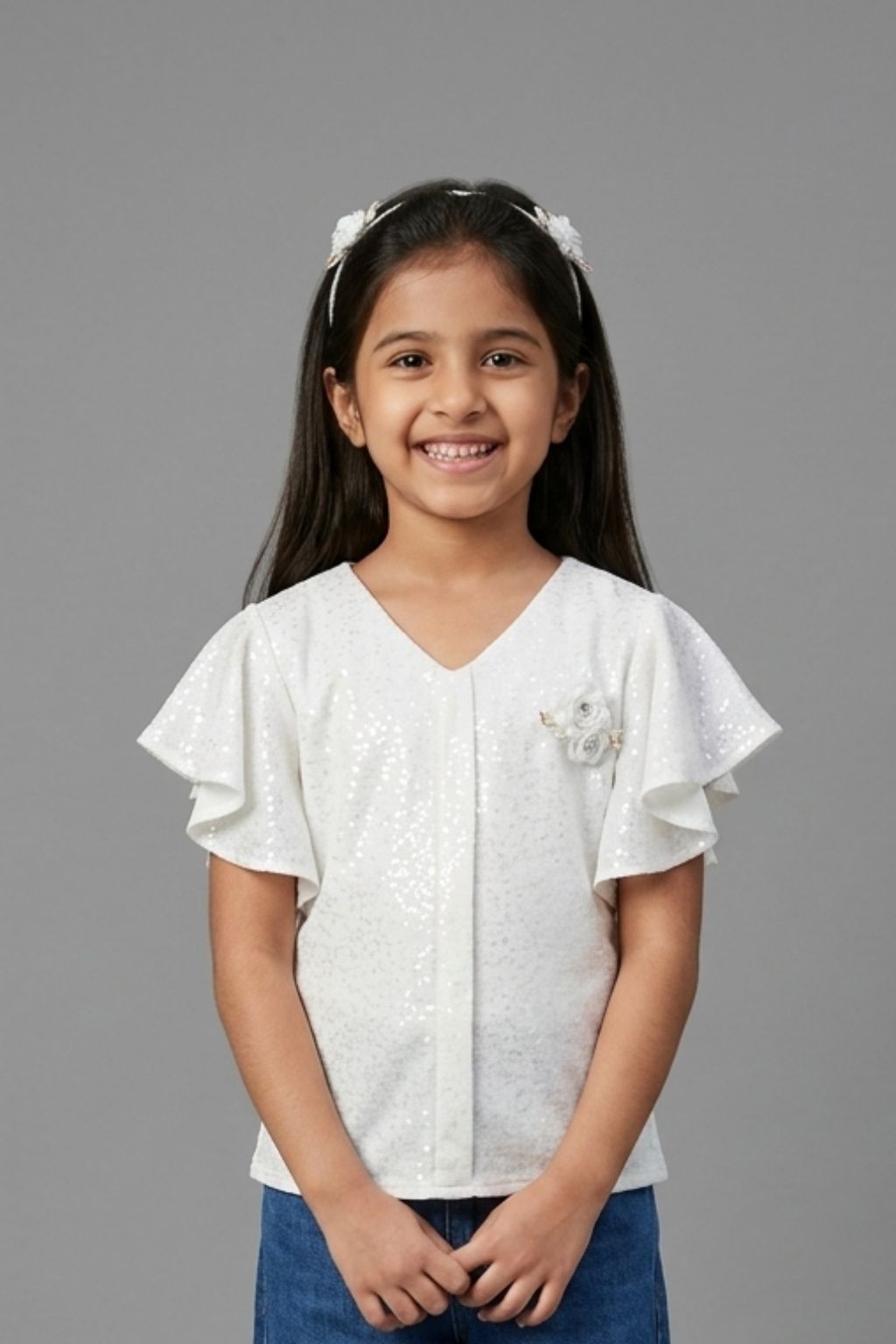 Off White Flutter Sleeve V-Neck Textured Top TG6005