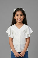 Off White Flutter Sleeve V-Neck Textured Top TG6005