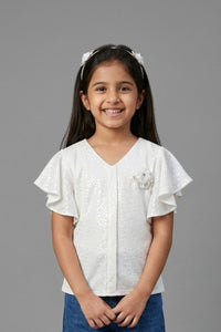 Off White Flutter Sleeve V-Neck Textured Top TG6005