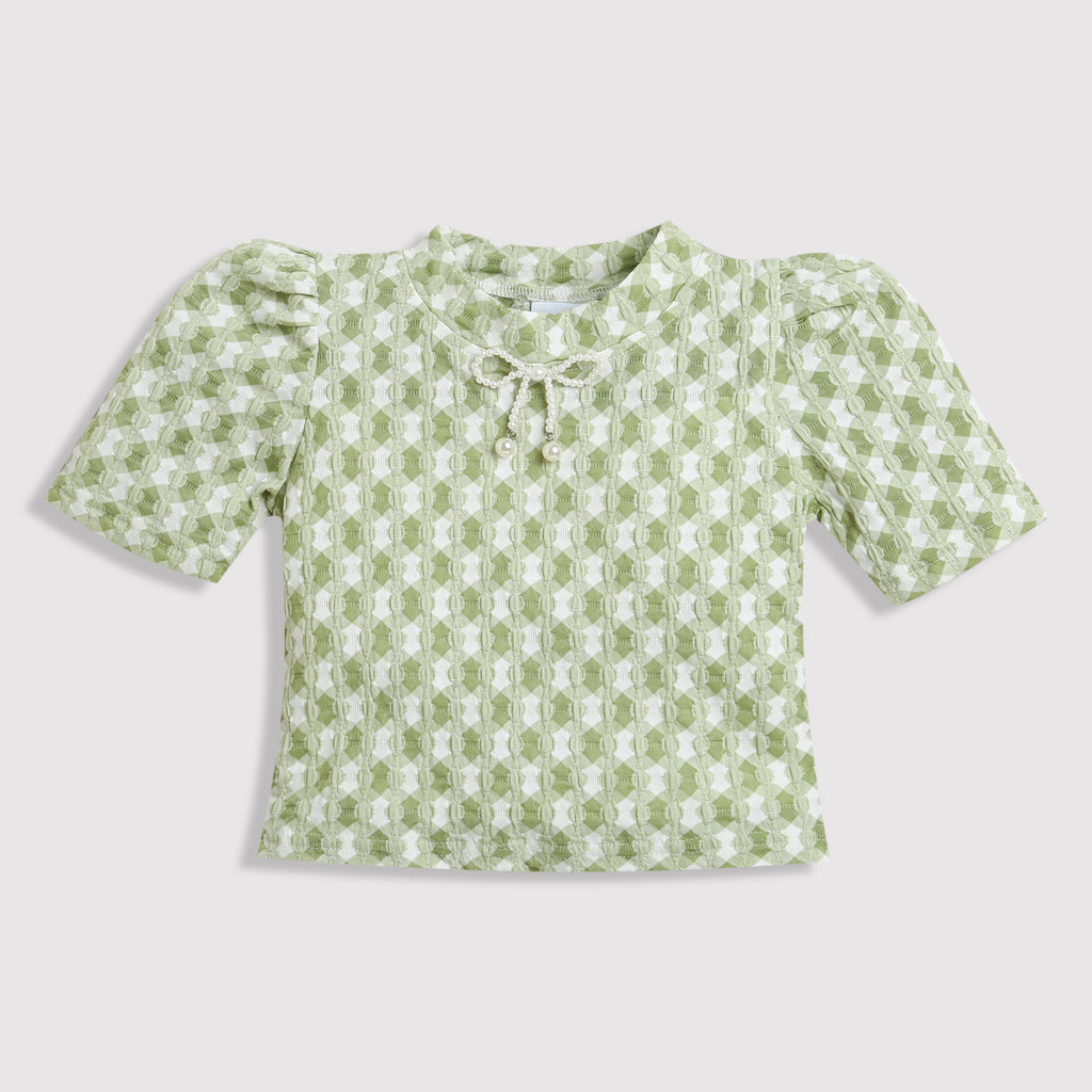 Green Check Puff Sleeve Top TG6041