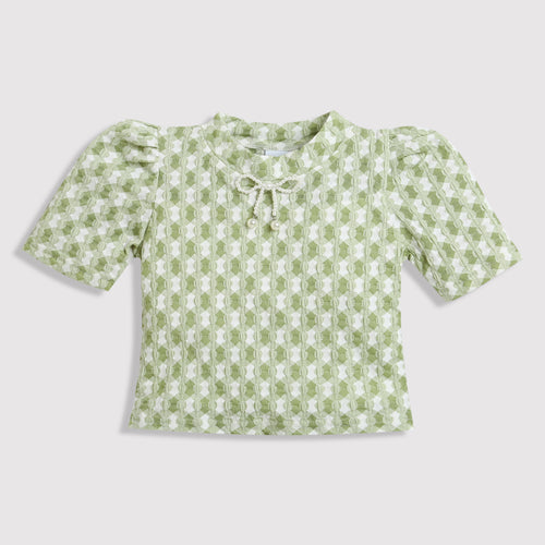Green Check Puff Sleeve Top TG6041