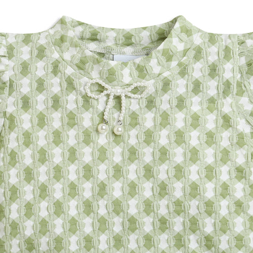 Green Check Puff Sleeve Top TG6041