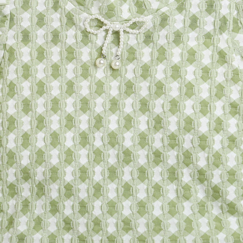 Green Check Puff Sleeve Top TG6041