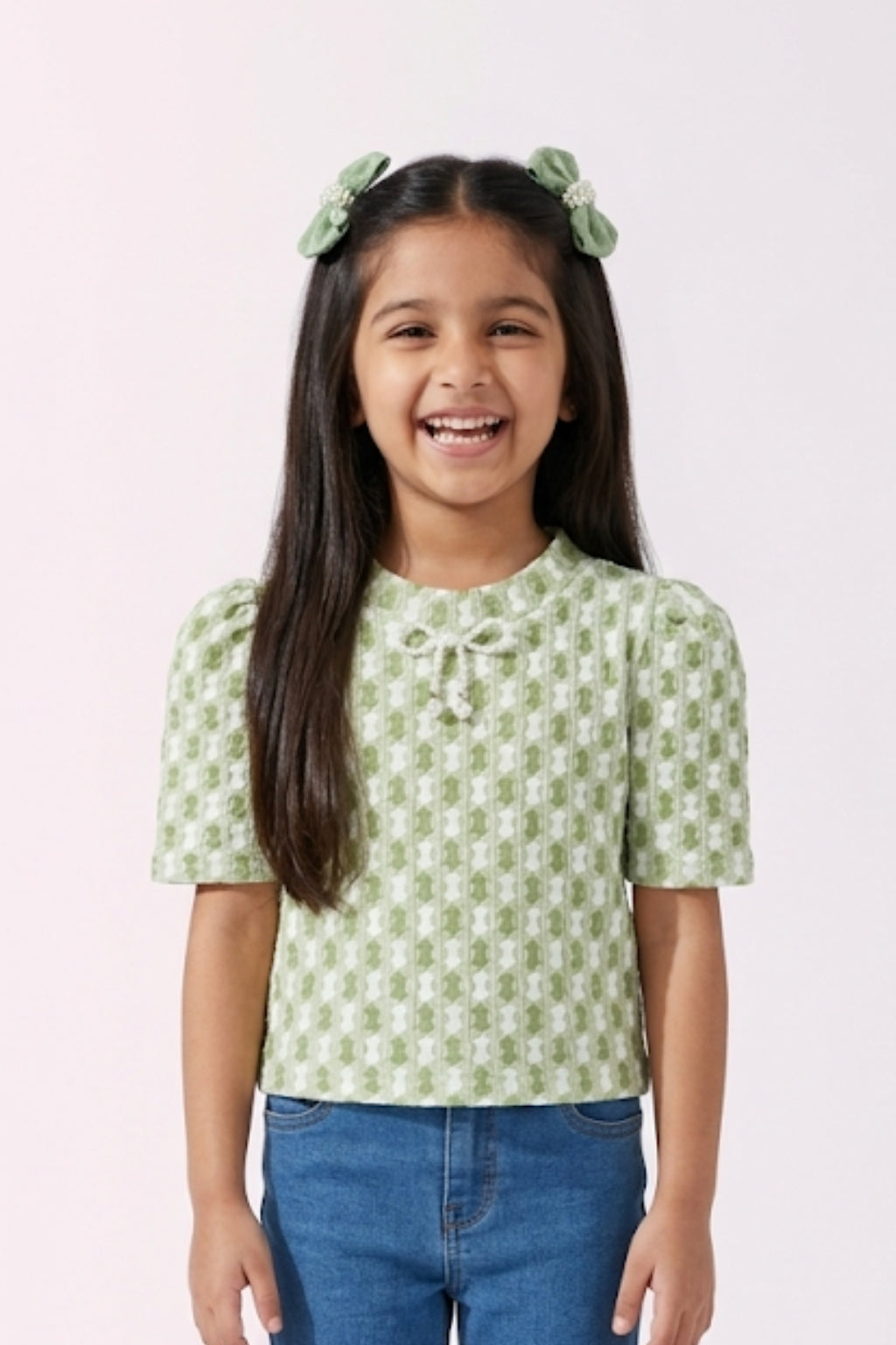 Green Check Puff Sleeve Top TG6041
