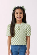 Green Check Puff Sleeve Top TG6041