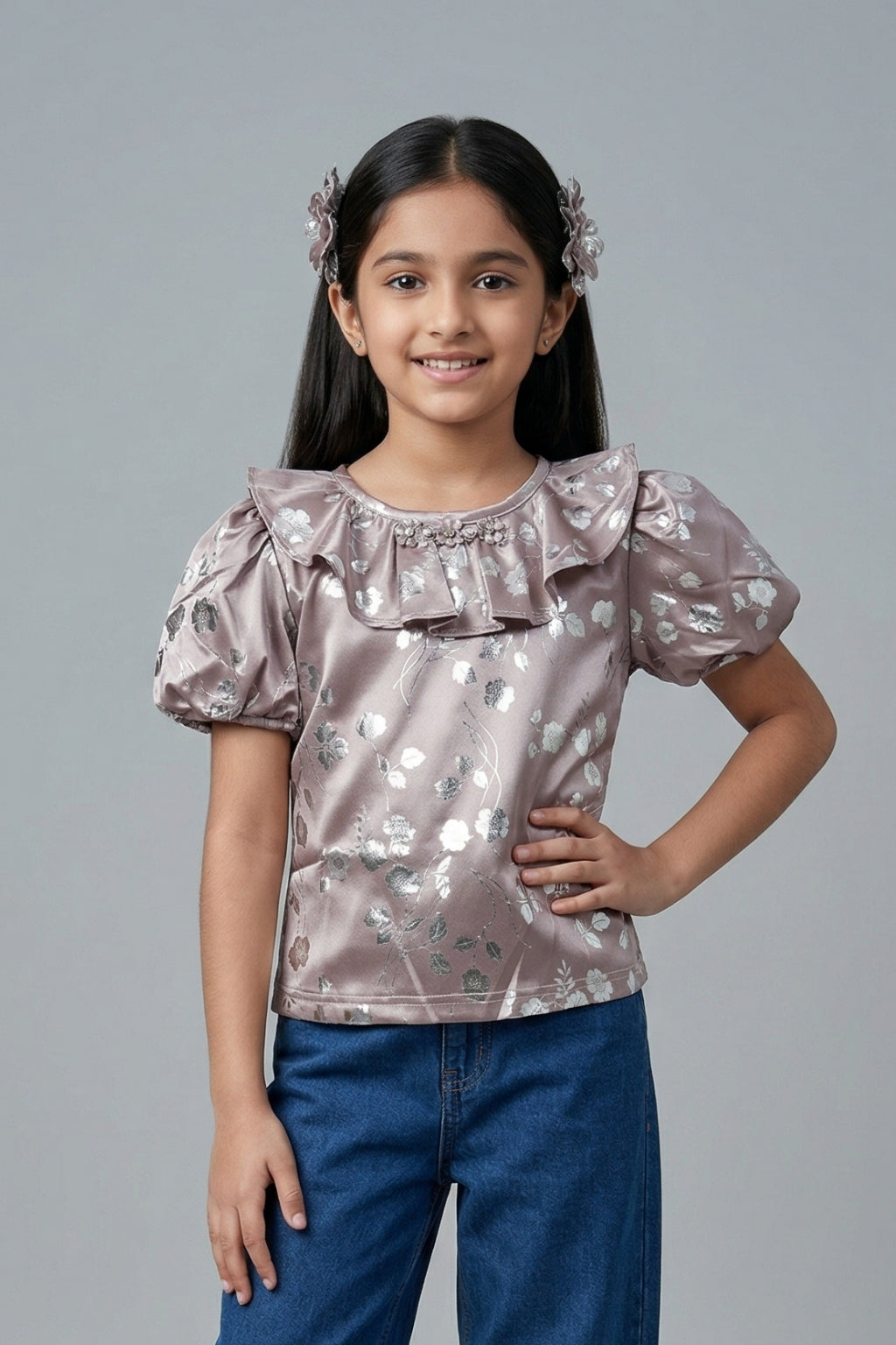 Dusty Satin Floral Ruffle Top TG6046