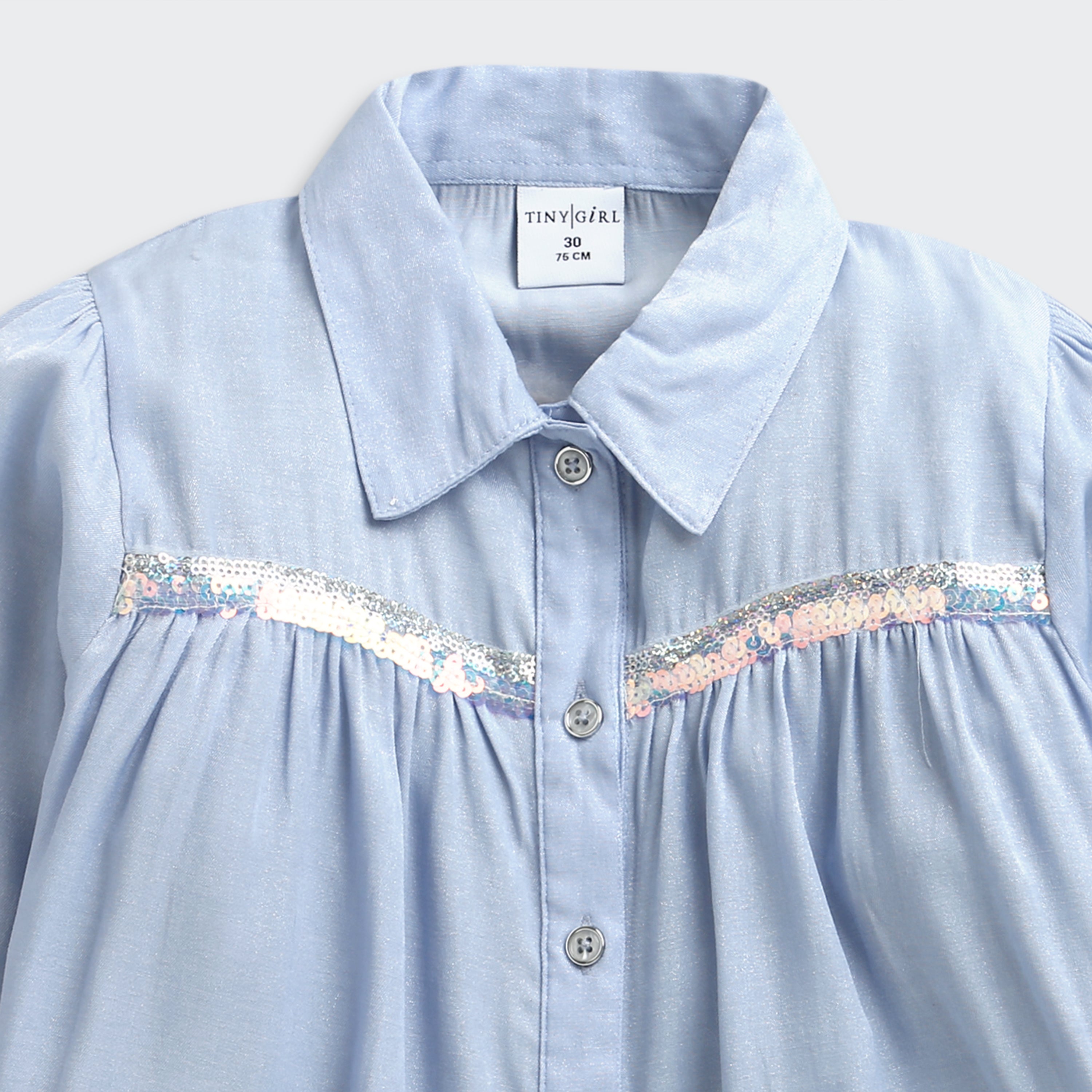Light Blue Sequin Yoke Shirt Top TG6052