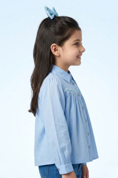 Light Blue Sequin Yoke Shirt Top TG6052