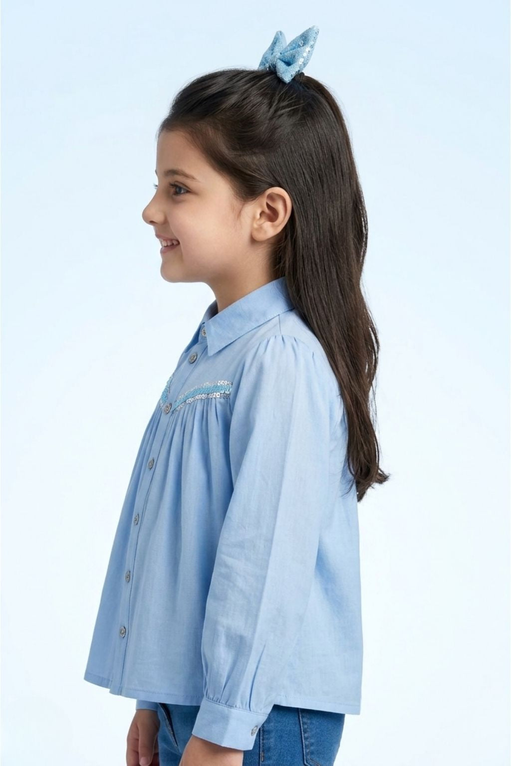 Light Blue Sequin Yoke Shirt Top TG6052