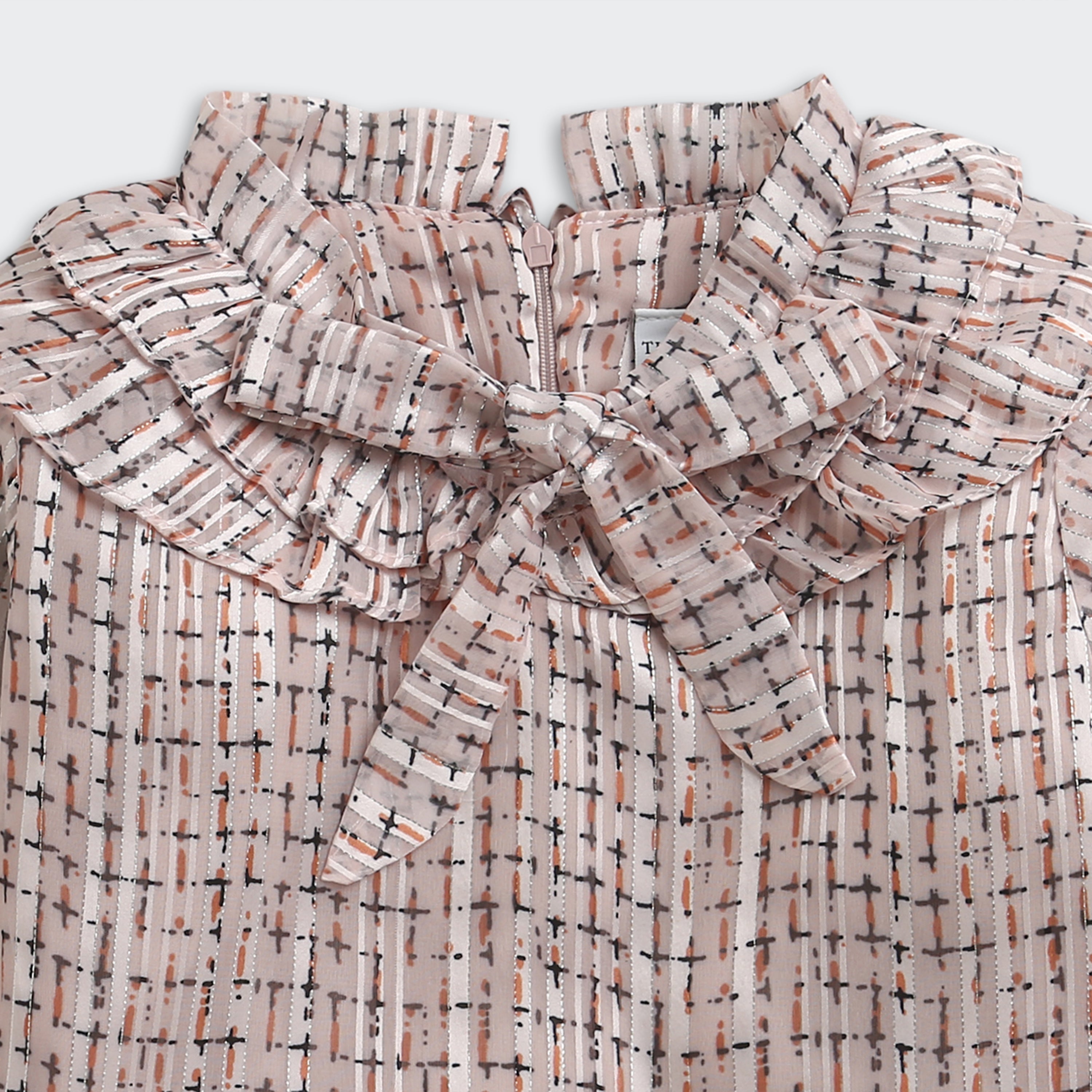 Cream Printed Bow Neck Ruffle Top TG6055
