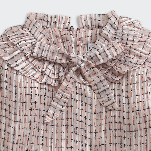 Cream Printed Bow Neck Ruffle Top TG6055