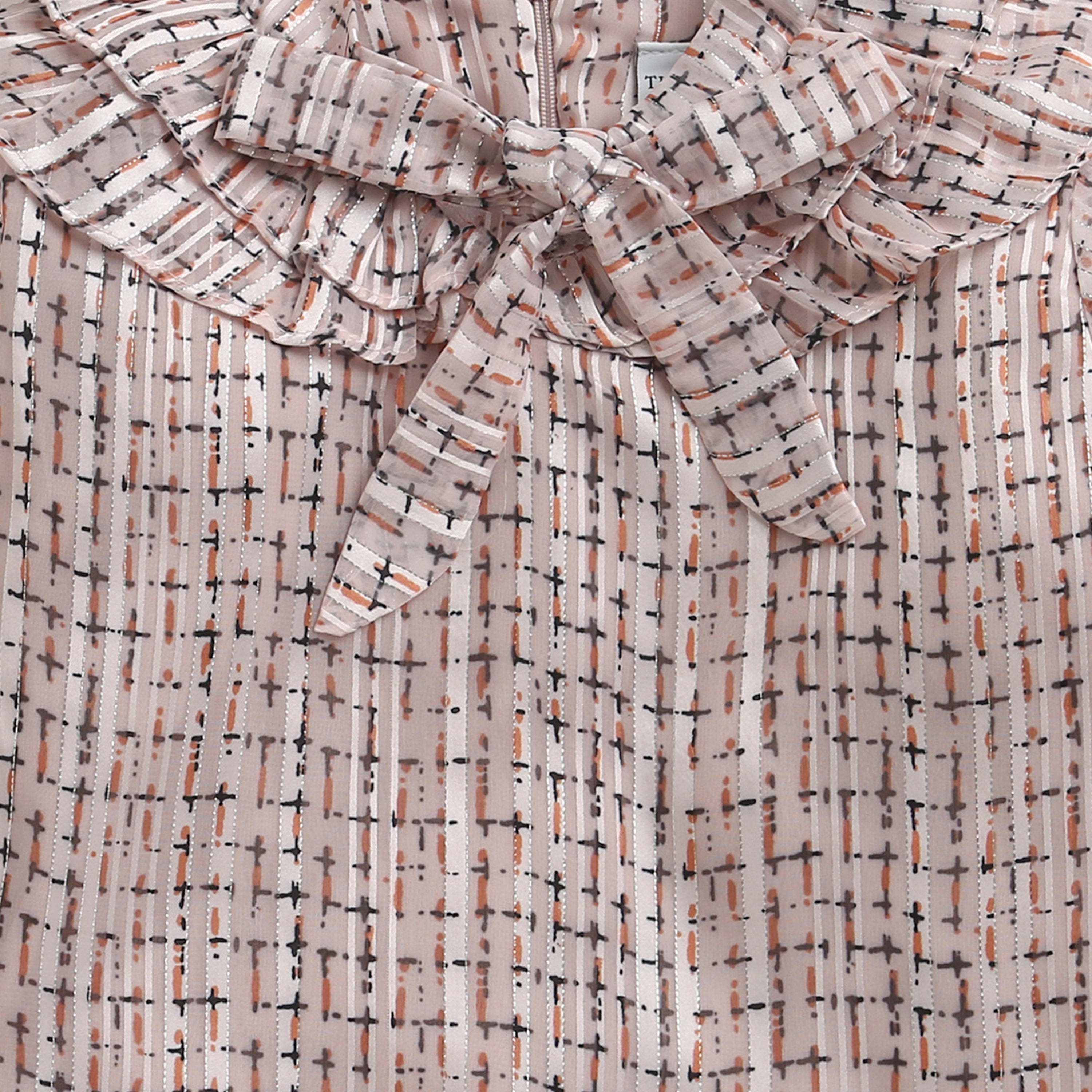 Cream Printed Bow Neck Ruffle Top TG6055