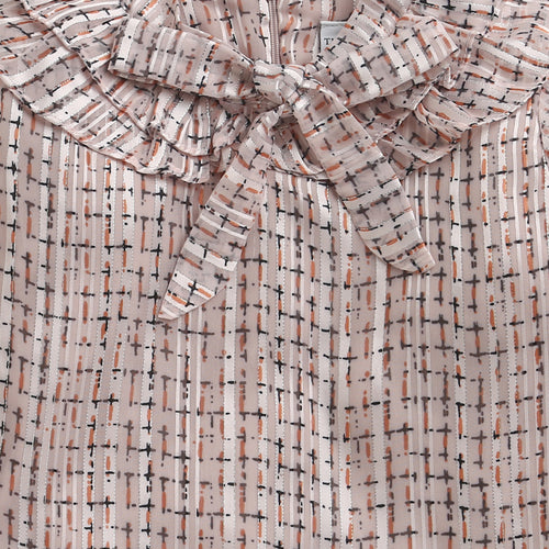 Cream Printed Bow Neck Ruffle Top TG6055