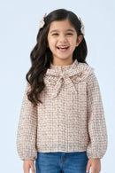 Cream Printed Bow Neck Ruffle Top TG6055