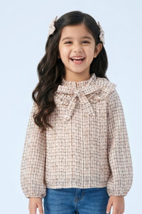 Cream Printed Bow Neck Ruffle Top TG6055