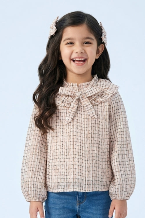 Cream Printed Bow Neck Ruffle Top TG6055