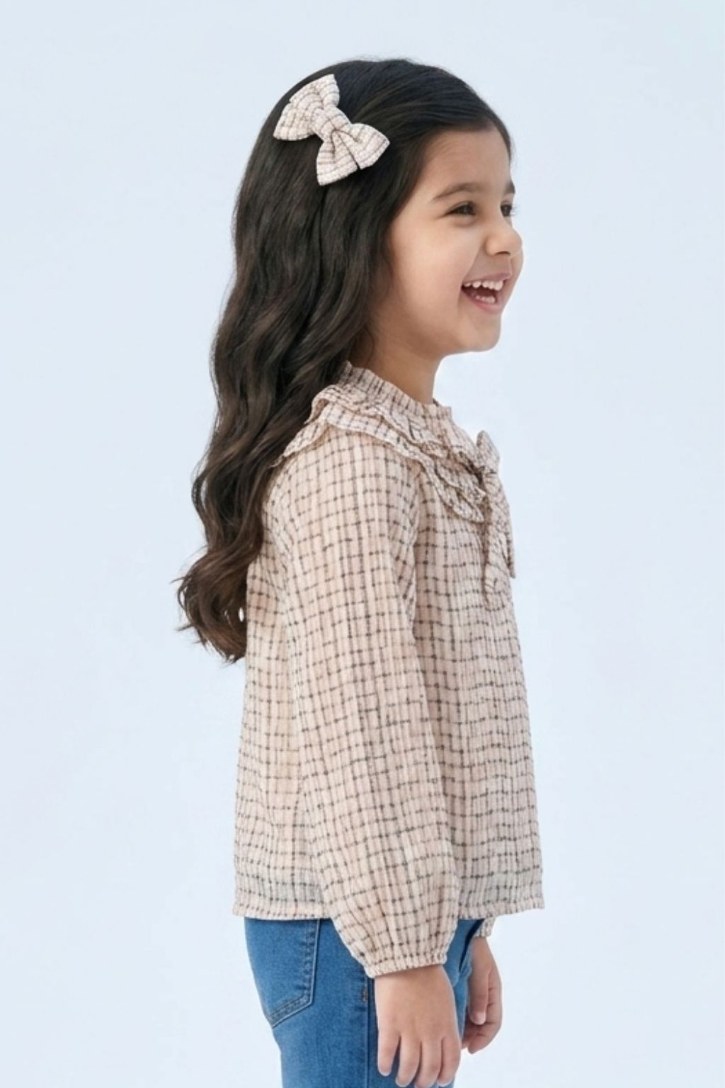 Cream Printed Bow Neck Ruffle Top TG6055