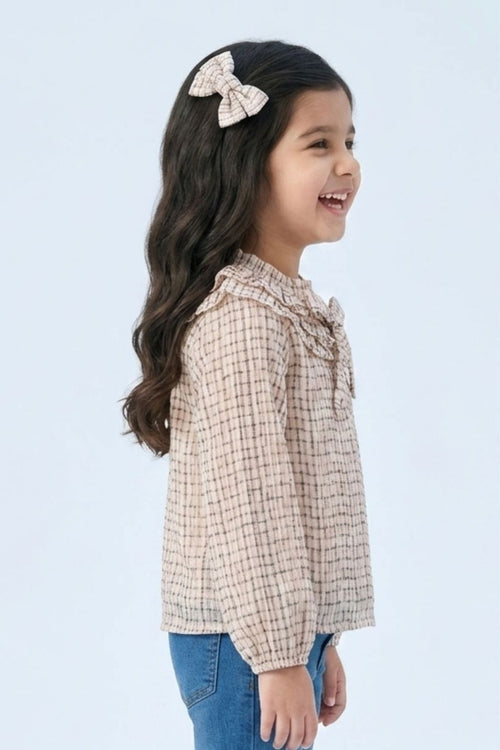Cream Printed Bow Neck Ruffle Top TG6055