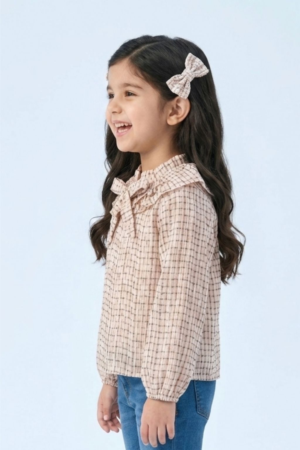 Cream Printed Bow Neck Ruffle Top TG6055