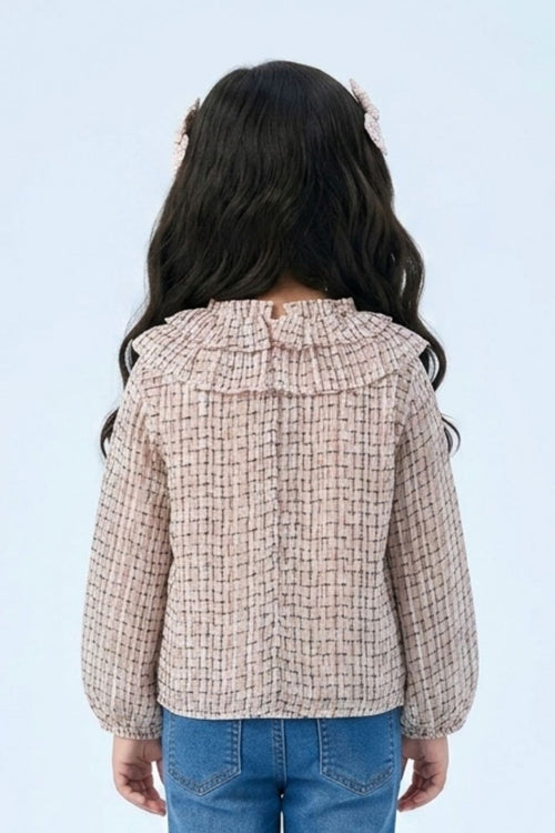 Cream Printed Bow Neck Ruffle Top TG6055