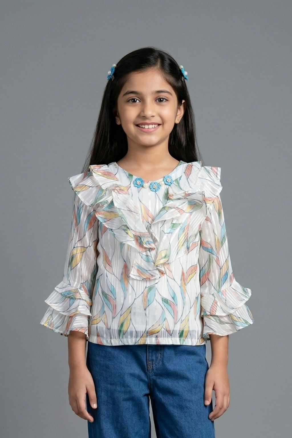 Pastel Feather Print Ruffle Top TG6060