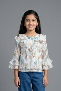 Pastel Feather Print Ruffle Top TG6060