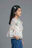 Pastel Feather Print Ruffle Top TG6060