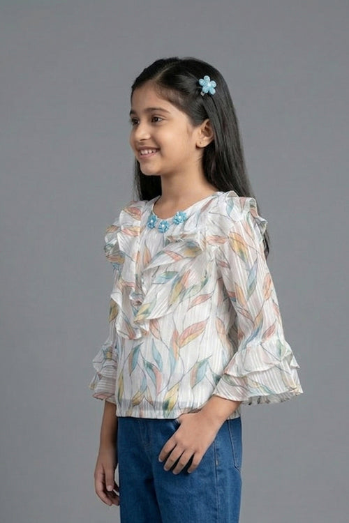 Pastel Feather Print Ruffle Top TG6060