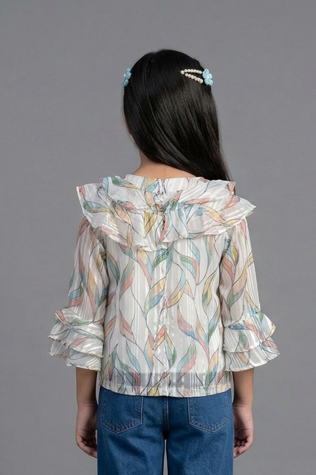 Pastel Feather Print Ruffle Top TG6060