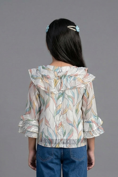 Pastel Feather Print Ruffle Top TG6060