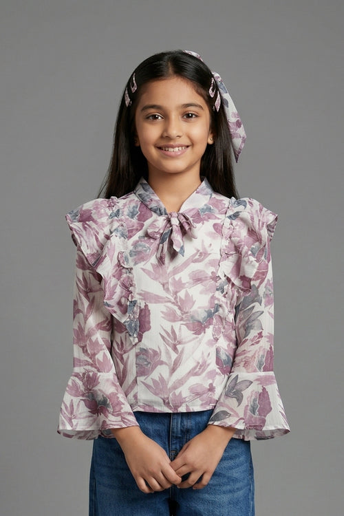 Mauve Floral Ruffle Tie-Up Top TG6061