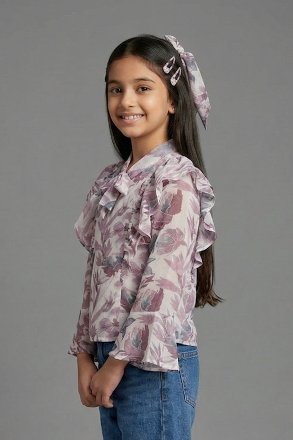 Mauve Floral Ruffle Tie-Up Top TG6061