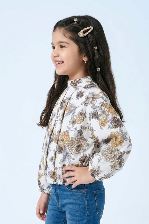 White Floral Ruffle Sleeve Girls Top TG6062
