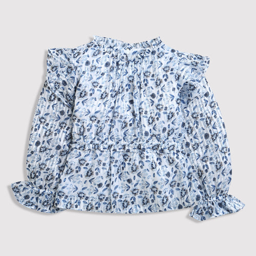 Long Sleeve Elegant Blue Floral Ruffle Peplum Top TG6064