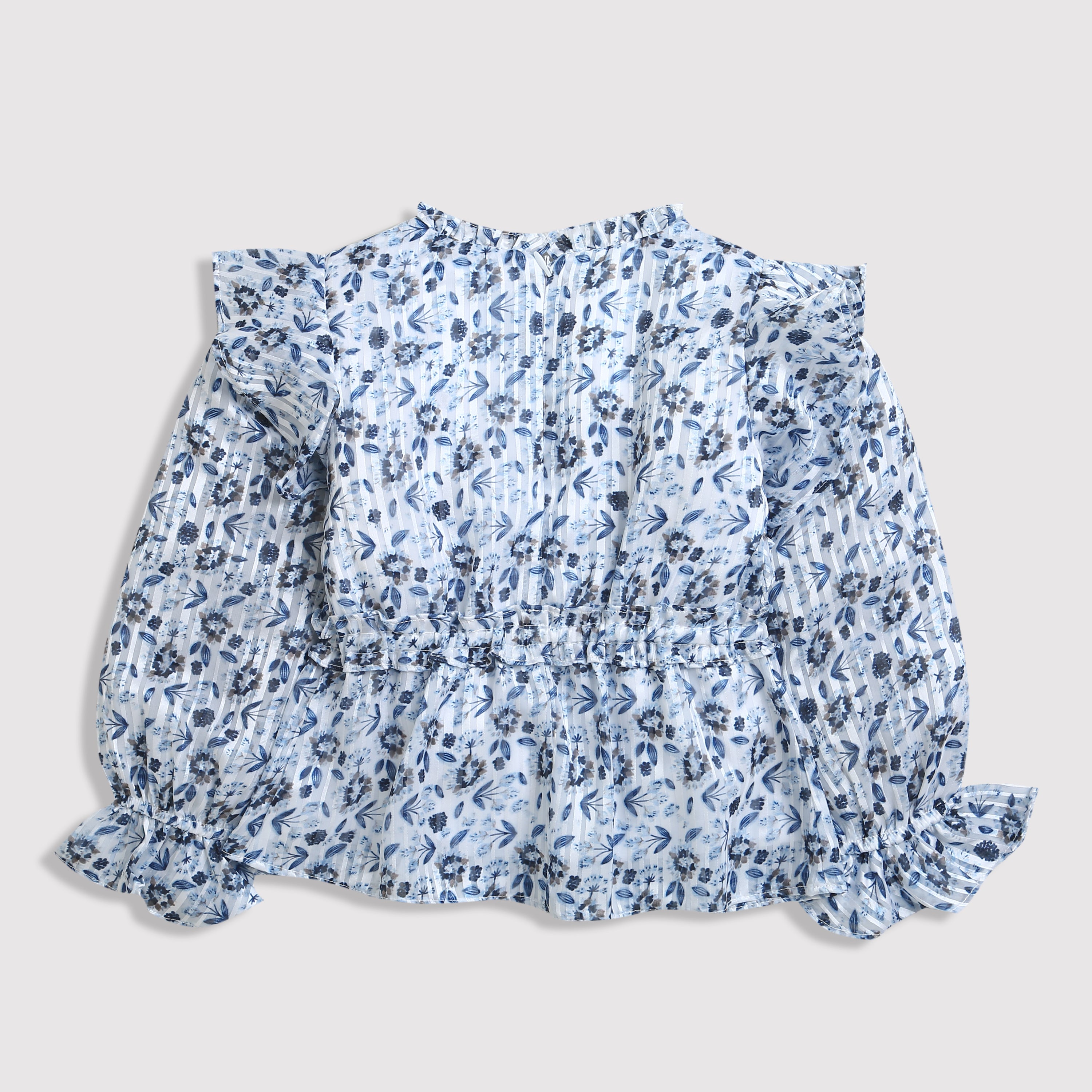 Long Sleeve Elegant Blue Floral Ruffle Peplum Top TG6064