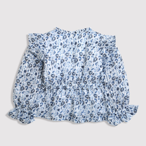 Long Sleeve Elegant Blue Floral Ruffle Peplum Top TG6064