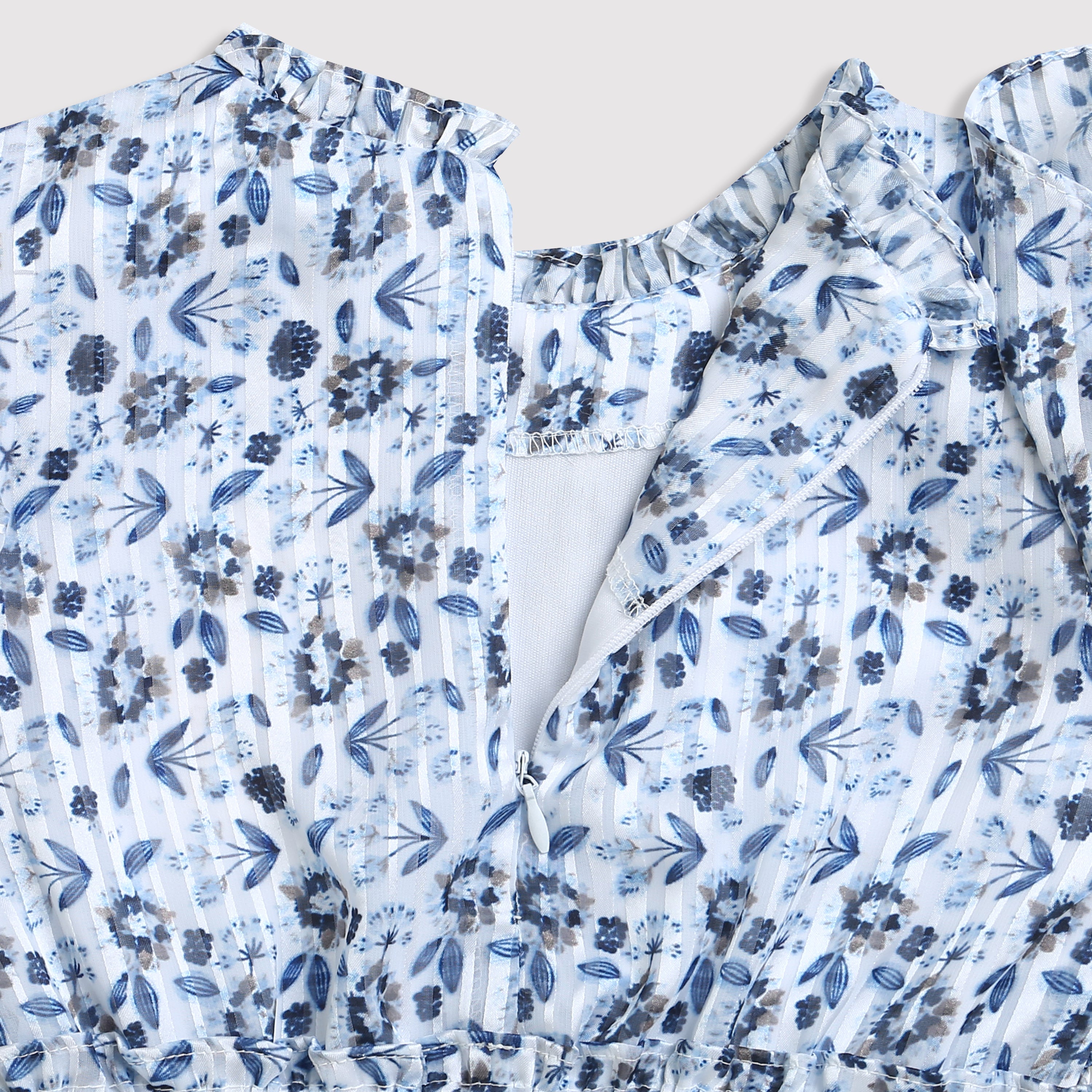 Long Sleeve Elegant Blue Floral Ruffle Peplum Top TG6064