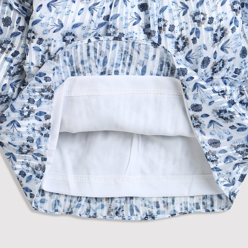 Long Sleeve Elegant Blue Floral Ruffle Peplum Top TG6064