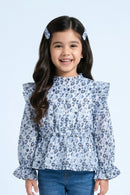 Long Sleeve Elegant Blue Floral Ruffle Peplum Top TG6064