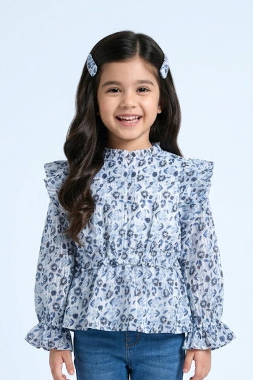 Long Sleeve Elegant Blue Floral Ruffle Peplum Top TG6064